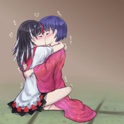 2girls arms_around_neck black_hair blush closed_eyes clothed_sex female heart horns hug japanese_clothes kimono kissing leg_lock lotus_position multicolored_hair multiple_girls niala purple_hair seija_kijin short_hair sitting streaked_hair sukuna_shinmyoumaru tatami touhou yuri