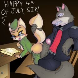 2015 4th_of_july anthro areola ass big_butt big_penis blush breasts canine commander_wolf english_text erect_nipples erection female fox imminent_sex lt._fox_vixen male mammal nipples penis seungnyangi slashysmiley squirrel_and_hedgehog text wolf