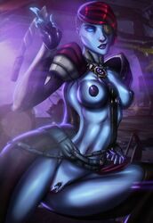 1girls awoken blue_body blue_skin breast breasts destiny_(game) eye_patch female female_only glowing_eyes knife lean_body melee_weapon nude petra_venj pubic_hair purple_hair purple_nipples pussy smirk ultamisia wet_pussy