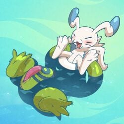 1:1 anal animal_genitalia anus argon_vile balls belly belly_markings beta_pokemon_(species) beta_pokemon_games beta_politoed cloaca cloacal_penis duo erection floating foreskin fur genitals green_body hi_res inflatable inner_tube long_ears male male/male markings nintendo open_mouth oral penis pokemon pupils rimming sex size_difference slightly_chubby slit_pupils underwater warabbit water wet whiskers white_body white_fur