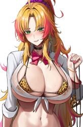 absurdres animal_print barbariana_(last_origin) bikini black_choker blonde_hair blush bodam bow bowtie breasts choker cleavage collared_shirt female green_eyes gyaru highres huge_breasts last_origin leopard_print looking_at_viewer micro_bikini navel parted_bangs parted_lips pink_nails ponytail red_bow red_bowtie red_hair shirt simple_background smile solo swimsuit underboob upper_body white_background white_shirt