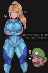 1boy 1boy1girl 1girls blonde_hair crossover female luigi male mario_(series) metroid nintendo pout samus_aran secretly_wants_it sfcompany1e_(artist) super_mario_bros. super_smash_bros. zero_suit_samus