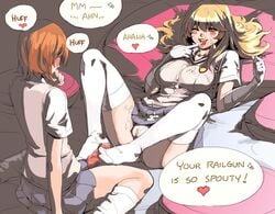 2girls archvermin blonde_hair blush breasts brown_hair cum cum_on_body cum_on_breasts cum_on_face cum_on_lower_body cum_on_upper_body elbow_gloves english english_text facial footjob futa_with_female futanari gloves hair intersex long_hair loose_socks lying misaka_mikoto multiple_girls on_back one_eye_closed open_mouth orange_eyes panties penis_under_skirt school_uniform schoolgirl shokuhou_misaki short_hair sitting skirt socks teenage_futa teenage_girl teenager teenager_on_teenager text thigh_socks thighhighs to_aru_kagaku_no_railgun to_aru_majutsu_no_index tokiwadai_school_uniform underwear wariza white_gloves white_legwear white_socks young