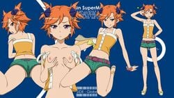 armpits arms_up barcode bare_shoulders belt blush breast_squeeze captain_earth clothing collarbones denim_shorts flat_chest hairpin midriff mound_of_venus naughty_face navel no_bra no_panties open_clothes open_shirt orange_hair shirt short_hair short_shorts short_twintails slip smile strap sukima_sangyou tank_top teasing v v_over_eye yomatsuri_akari