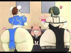 3girls anya_forger ass ass_bigger_than_head big_ass black_hair brown_hair bubble_ass bubble_butt cake capcom chocolate_cake_gameboy_and_me chun-li clothed clothing crossover exposed_ass female female_focus female_only green_eyes gyatt hassdr4w heart heart_symbol huge_ass indoors looking_at_another looking_at_partner looking_down milf pink_hair reference sitting spy_x_family street_fighter tagme yor_briar yor_forger