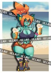abs beach_background big_breasts breasts_bigger_than_head goblin goblin_female headphones milkshake piercings red_eyes roller_skates short_shorts shortstack thick_thighs ullah