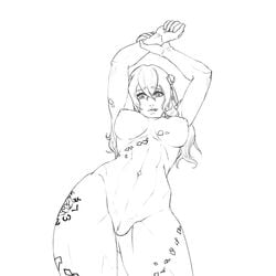 1girls abs arms_up biting_lip bloodstained:_ritual_of_the_night breasts contrapposto cowboy_shot female female_only horns large_breasts long_hair miriam_(bloodstained) monochrome navel nipples novam nude pussy sketch solo stained_glass wide_hips