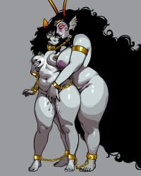 2girls ancestor_(homestuck) blush breast_grab breast_squeeze chained_ankles chained_collar chained_together chained_wrists chains chubby curvy dancestor dubious_consent empty_eyes fangs feet fingering gold_(metal) gold_chain gold_jewelry green_nipples grey_body grey_skin homestuck homestuck_troll horn horns huge_breasts large_breasts lesbian lesbian_sex long_hair meulin_leijon ms_paint_adventures navel nipples orange_eyes piercing pink_lips pink_lipstick pink_nipples simple_background soldierexclipse the_condesce thick_thighs very_long_hair voluptuous wet_pussy white_eyes wide_hips yuri