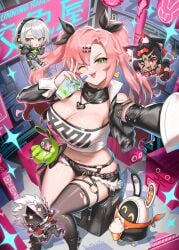 1boy 1girls 3girls ;3 ;d anby_demara bangboo_(zenless_zone_zero) billy_kid billy_kid_(zenless_zone_zero) black_hair black_ribbon black_shorts black_thighhighs breasts burnt_green_tea chibi cup dark_skin disposable_cup green_eyes grey_hair hair_ornament hair_ribbon hairclip highres holding holding_cup large_breasts long_hair looking_at_viewer micro_shorts midriff mini_person miniboy minigirl multiple_girls navel nekomiya_mana nicole_demara one_eye_closed open_mouth pink_hair ribbon shorts single_thighhigh sitting smile stomach strapless thighhighs thighs tube_top two_side_up v very_long_hair zenless_zone_zero