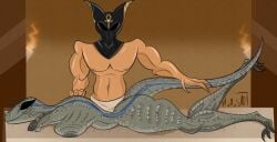 1boy 1girls ancient anubis anubisjackal ass bigbreasts blue_(jurassic_world) boob breasts comm commission commissionart digitalart dinosaur dinosaurart dinosaurs dromaeosaurid female for jurassic_park_(franchise) jurassic_world male massage mythology park raptor reptile universal_studios velociraptor