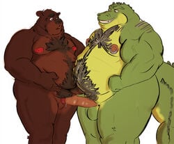 alligator balls bear belly chub cum docking fupa fuzzy grin hairy male mammal moobs musclechub nipples obese overweight penis precum reptile scalie tcw_(artist) uncensored uncut yaoi