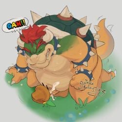 1boy 1other ambiguous_gender armlet artist_name balls bara bowser bracelet claws clenched_teeth closed_eyes cum english_commentary english_text erection flower furry furry_male gay gay_male horns jewelry kneeling male mario_(series) orange_flower penis penis_peek red_hair signature skinnyjimz speech_bubble spiked_armlet spiked_bracelet spiked_shell spiked_tail spikes tail talking_flower_(mario) teeth testicles veins veiny_penis yaoi