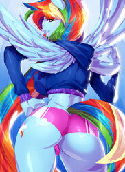 2015 ass back_view friendship_is_magic hand_on_hip highres looking_at_viewer looking_back multicolored_hair my_little_pony purple_eyes rainbow_dash_(mlp) short_shorts smile smooth_skin solo standing tail very_long_hair xdtopsu01