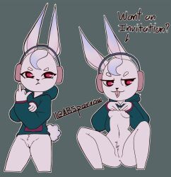 anthro black_nose bluesparrow bottomless breasts clothed clothing cotton_tail dialogue electronics eyelashes female fur genitals gesture green_clothing green_hoodie green_topwear grey_background hand_gesture head_tuft headphones hi_res hoodie lagomorph leporid looking_at_viewer mammal middle_finger piercing pussy rabbit raised_clothing raised_topwear red_eyes simple_background small_breasts solo spread_legs spreading text thick_thighs tongue tongue_out tongue_piercing topwear tuft vulva white_body white_fur wide_hips