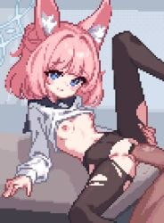 1boy animal_ear_fluff animal_ears animated animated black_pantyhose blinking blue_archive blue_eyes blue_halo breasts closed_mouth clothes_lift dasa_(bearisalive) erection female fox_ears halo long_sleeves lying missionary niko_(blue_archive) nipples on_back open_mouth pantyhose penis pink_hair pixel_art sex shirt shirt_lift small_breasts solo_focus straight torn_clothes torn_pantyhose vaginal_penetration white_shirt