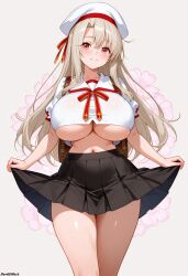 1girls ai_generated areolae blonde_female blonde_hair breasts cleavage darkeffect female female_only front_view large_breasts partially_clothed plain_background presenting simple_background skirt skirt_lift solo solo_female solo_focus underboob white_background