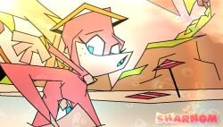 angel angel_shark anthro beach breasts fan_character fish futanari genitals glowing glowing_eyes glowing_genitalia glowing_penis halo herm intersex marine penis shark sharnom small_breasts small_penis small_wings solo wings