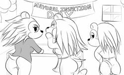 alternate_breast_size animal_crossing anthro apron ass balloon banner black_and_white blush breasts clothing female freckles group hedgehog inside labelle_able looking_at_viewer looking_back mabel_able mammal monochrome naked_apron nintendo nipples pussy rear_view sable_able sideboob table video_games