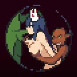 1girls 2d female game_cg goblin green_skin kagura_games kagura_survivors:_endless_night oral pixel_art red_skin sex_from_behind spitroast spitroasting threesome variant variant_set