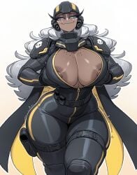 1milf 2020s 2026 ai_generated areolae armor arrowhead_game_studios big_areola big_nipples big_thighs black_clothing breasts_almost_out cape cleavage clothed crossover_cosplay curvy dark-skinned_female dark_skin eyelashes female female_only hazbin_hotel helldiver_(helldivers) helldivers helldivers_(series) helldivers_2 holding_breast holding_own_breast huge_breasts huge_thighs long_hair looking_at_viewer lustful_mind mature_female milf motion_lines naughty_smile nipples no_ai open_zipper sera_(hazbin_hotel) smile solo sony_interactive_entertainment twitter_link voluptuous western_cartoon white_background white_hair wide_hips zipper zipper_down