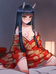 bare_shoulders black_hair blush breasts collarbone demon_girl female hime_cut horns japanese_clothes kimono long_hair nipples off_shoulder on_bed oni orange_eyes pointy_chin sitting small_breasts solar_(solar0495)