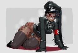 ai_generated canon_futa chastity_cage dark-skinned_female futanari intersex nazi nazi_uniform racism ririririsuki_(character) solo swastika taboo tattoo
