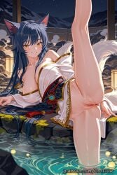 1girls 2025 ahri ai_generated animal_ear_fluff animal_ears bangs bare_shoulders black_hair blush breasts cleavage eroflow facial_mark female fox_ears fox_girl fox_tail grin hi_res highres japanese_clothes large_breasts league_of_legends league_of_legends:_wild_rift leg_up long_hair long_sleeves looking_at_viewer makeup multi_tail night obi onsen outdoors patreon pool pussy riot_games sash smile solo tail uncensored vagina voluptuous voluptuous_female water wet wet_clothes whisker_markings white_kimono yellow_eyes