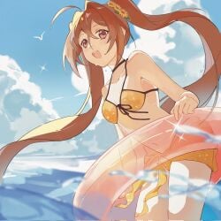 1girl ahoge bikini bird blue_sky breasts brown_eyes brown_hair cleavage cloud cowboy_shot crossed_bangs eiyuu_densetsu estelle_bright floating_hair front-tie_bikini_bottom front-tie_bikini_top front-tie_top hair_between_eyes hair_intakes highres holding holding_swim_ring innertube long_hair ocean open_mouth outdoors s071c4evkc56194 sky small_breasts smile solo sora_no_kiseki swim_ring swimsuit trails_in_the_sky upper_body very_long_hair_female