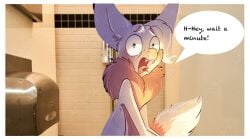 bat bathroom_stall belfry_(tamberlane) big_ears blue_eyes comic female fur furry implied_scat implied_watersports omorashi pink restroom_stall ruff tail tamberlane_(comic) toilet toilet_paper toilet_use webcomic white wings