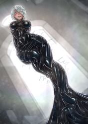 android armbinder big_ass big_breasts blue_eyes bondage breasts captured captured_superheroine damsel_in_distress distressed encasement female female_focus female_only hair_ornament hair_over_one_eye high_heels latex_bondage male mole mole_under_mouth mr.bones22 nier nier:_automata rubber short_hair struggling trap trapped vacuum white_hair wide_hips yorha_2b