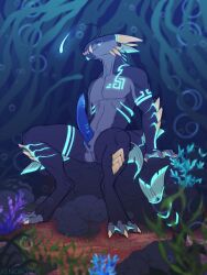 animal_genitalia anthro claws erection feet fish genital_slit genitals hi_res looking_at_viewer male marine membrane_(anatomy) nude penis sitting smile solo spread_legs spreading toes underwater water webbed_feet webbed_hands xenoforge