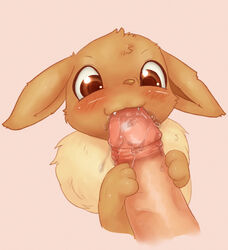 ambiguous_gender blush brown_eyes brown_fur canine disembodied_penis duo eevee erection fur hand_on_penis human looking_at_penis looking_down male mammal nintendo oral penis pokemon rigi saliva sex smile teeth tuft video_games