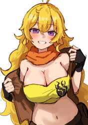 1girls big_breasts bike_shorts blonde_hair blush breasts busty cleavage female female_only fingerless_gloves gloves grin half-closed_eyes highres large_breasts long_hair looking_at_viewer midriff navel opened_by_self pose posing pulling_own_clothes purple_eyes rwby scarf smile solo strapless teeth tube_top very_long_hair voluptuous yang_xiao_long