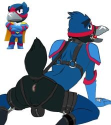 anthro anus avian bird bound brawl_stars chastity_cage chastity_device corvid corvus_(genus) crow crow_(brawl_stars) cuff_(restraint) gag gay harness kneeling male meeow4deeow open_mouth oscine passerine restraints solo submissive supercell_(company)
