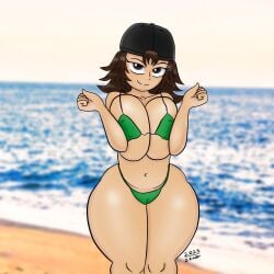 1girls 2025 alternate_version_available beach big_breasts bikini bra breast_press breasts brown_eyes brown_hair cleavage female female_only hat huge_breasts huge_thighs navel panties solo solo_female thick_thighs threeoneohh val_(threeoneohh)