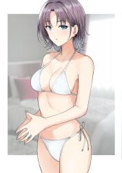 armpit_crease asakura_toru bare_arms bare_belly bare_legs bare_shoulders bare_thighs belly_button bikini blonde_hair blue_nails blush breasts cleavage collarbone earrings gradient_hair idolmaster idolmaster_shiny_colors medium_breasts multicolored_hair nail_polish parted_lips purple_hair short_hair side-tie_bikini_bottom sideboob standing steepled_fingers string_bikini thighs tsurui white_bikini