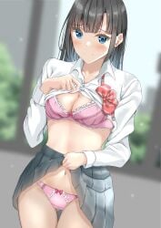 1girls ass_visible_through_thighs bad_id bad_pixiv_id black_hair black_skirt blue_hair blunt_bangs blurry blurry_background blush bow bow_bra bow_panties bra breasts bush cleavage closed_mouth clothes_lift collarbone collared_shirt commentary_request female gradient_hair highres lifting_own_clothes long_hair looking_at_viewer multicolored_hair navel original panties pink_bra pink_panties school_uniform shirt shirt_lift skirt skirt_lift small_breasts smile solo stomach sunsun2812 thighs two-tone_hair underwear white_shirt window