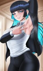 2025 ado_(music-artist) ado_(utaite) ai_generated armpits arms_up black_clothing black_hair chando_(ado) shadman_(style) shadman_homage smug smug_expression smug_eyes smug_face smug_smile vampiregurl