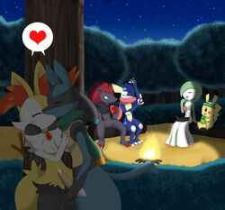 1girls 2boys ambiguous_gender anthro blush braixen campfire female feral fingering furry gardevoir greninja hand_on_chest hand_on_face heart hug interspecies kissing lucario male masturbation necklace night nintendo nude original_character outside penis pikachu pokemon pokemon_(species) pokemon_bw pokemon_dppt pokemon_rgby pokemon_rse pokemon_xy precum riky scarf sparks straight sweatband winick-lim zoroark