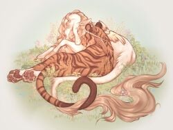 ambiguous_feral ambiguous_gender brown_markings brown_pawpads closed_eyes cuddling duo equid equine felid feral flower fur grass head_wings hi_res hooves horn mammal markings mouth_closed mythological_creature mythological_equine mythology on_ground orange_body orange_fur pantherine pawpads plant seraphictiger striped_back striped_markings striped_neck striped_tail stripes tail tail_markings tiger unicorn unusual_wing_placement white_body white_fur wings
