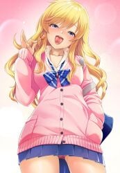 1girls bag blonde_hair blue_bow blue_bowtie blue_eyes blue_skirt blush bow bowtie breasts buttons candy food gyaru highres idolmaster idolmaster_cinderella_girls idolmaster_cinderella_girls_starlight_stage large_breasts lollipop long_hair looking_at_viewer mk_(mod0) ohtsuki_yui open_mouth panties pink_background pink_panties pink_sweater pleated_skirt school_bag skirt smile solo striped_bow striped_bowtie striped_clothes sweater thighs underwear upskirt wavy_hair