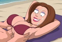beach beach_towel big_breasts bikini_top bra brown_hair cum cum_on_face cumshot family_guy gretchen_mercer ocean paizuri sex straight_sex