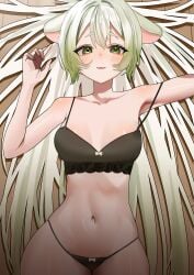 1girls arms_up belly_button black_bra black_panties blush bow_bra bow_panties bra breasts cleavage cute female female_focus female_only ferret_girl green_eyes green_highlights hair_between_eyes ikada_nami indie_virtual_youtuber laimu laying_down lime long_hair looking_at_viewer nail_polish necklace off_shoulder on_back panties partially_clothed smirk solo thick_thighs tummy underwear virtual_youtuber vtuber white_hair