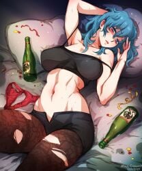 1girls black_shirt black_shorts blue_eyes blue_hair bottle breasts brown_pantyhose byleth_(fire_emblem) byleth_(fire_emblem)_(female) commentary dated drunk english_commentary female fire_emblem fire_emblem:_three_houses hangover highres large_breasts long_hair looking_at_viewer lying midriff minacream navel nintendo on_bed open_fly panties panties_removed pantyhose pillow red_panties shirt short_shorts shorts signature sleeveless sleeveless_shirt solo stomach torn_clothes torn_pantyhose underwear unworn_panties