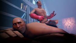 3d bondage chest_hair dilf dominant_male erection gay gay_domination gloves_and_boots_only heavy_weapons_guy imminent_sex male male_only medic_(team_fortress_2) no_glasses nude older_male on_bed penis riding_crop sfm shadowenza source_filmmaker team_fortress_2 yaoi