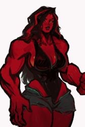 1girls betty_ross black_hair busty cleavage curvy hulk_(series) jean_shorts marvel marvel_comics muscular muscular_arms muscular_female peterchai58 red_she-hulk red_skin red_streak small_waist white_background wide_hips yellow_eyes