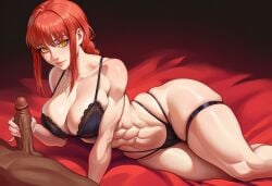 abs ai_generated aipixelporn big_ass big_breasts big_penis blacked dark-skinned_male female handjob makima_(chainsaw_man) muscles nude submissive_female thighhighs underwear
