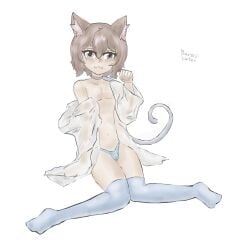1boy blush catboy collar crossdressing eyelashes felix_argyle femboy oversized_clothes panties penis_in_panties re:zero_kara_hajimeru_isekai_seikatsu simple_background sitting thick_thighs thigh_highs