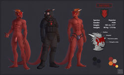 2020 animal_humanoid anthro argonian armor balls bethesda_softworks boots bulge clothed clothing digital_media_(artwork) english_text feathers flaccid flaccid_cock footwear foreskin gas_mask genitals gloves handwear headgear hi_res horn humanoid jockstrap lizard male male/male mask military_uniform model_sheet muscular muscular_male nude penis plantigrade plantigrade_feet police_uniform reptile sairaks scales scalie scalie_humanoid simple_background solo text the_elder_scrolls tres-art uncut underwear uniform video_games