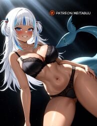 ai_generated black_bra black_panties blacked blacked_clothing blue_eyes blue_hair blush bra breasts cleavage female female_focus female_only fins fish_tail gawr_gura hair_ornament hololive hololive_english hololive_myth jewelry large_breasts light-skinned_female light_skin long_hair looking_at_viewer makeup meitabuu multicolored_hair navel panties shark_girl solo solo_female solo_focus streaked_hair tail teeth thick_thighs thighs two_side_up underwear virtual_youtuber white_hair